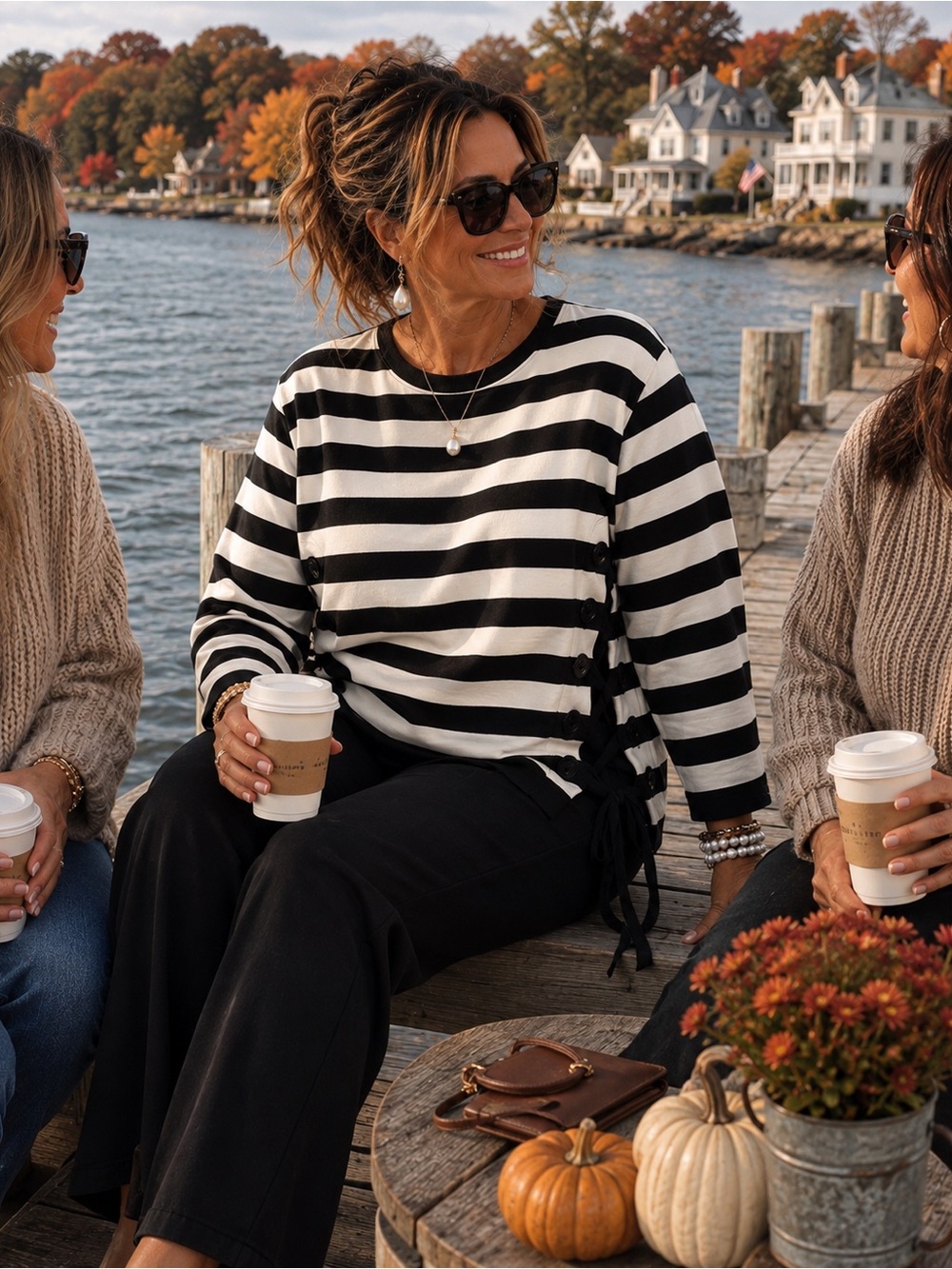 XL Black & White Striped Button-Side Women’s Sweater